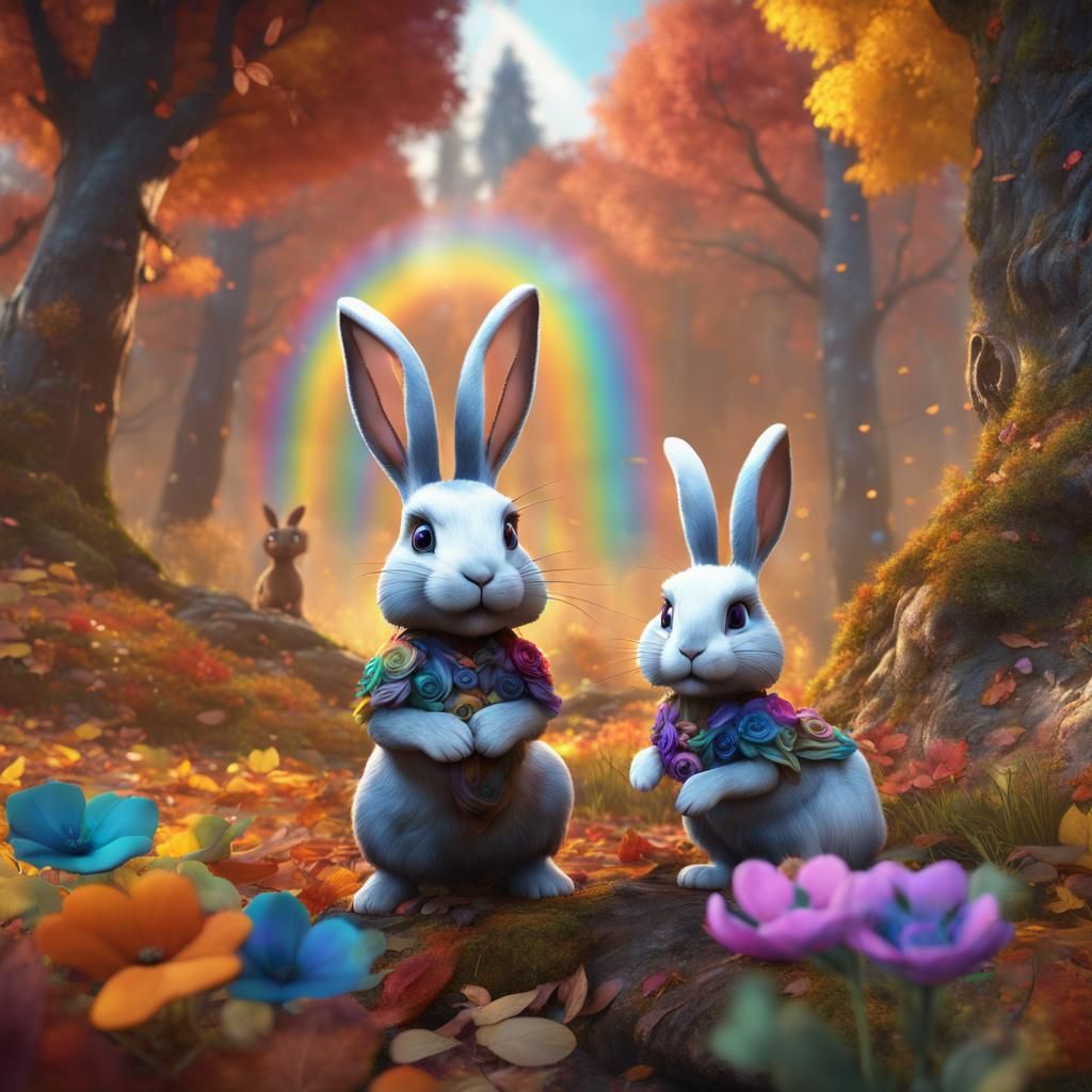 Rabbit Family in Autumn Forest with Flowers