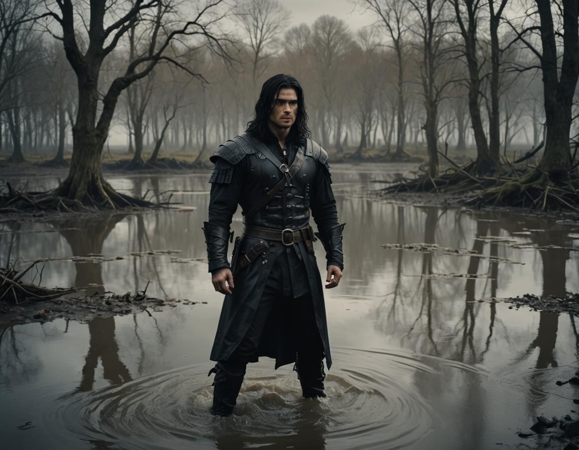 Gothic Hunter in Flooded Dark Fantasy Landscape