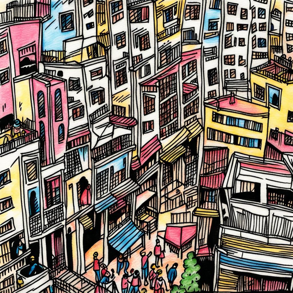 Colorful Retro Cityscape in Ink and Marker Style
