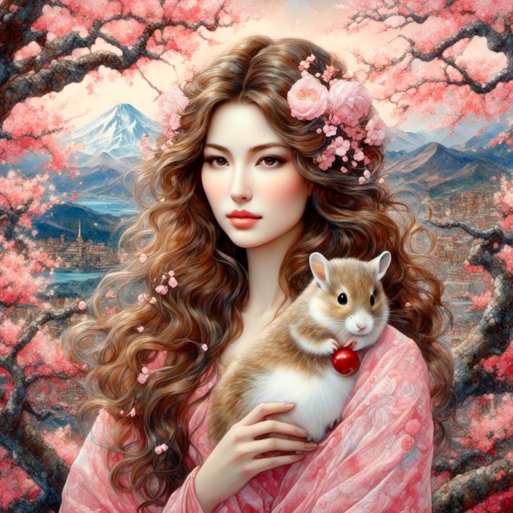 Fantasy Woman with Hamster in Watercolor Portrait