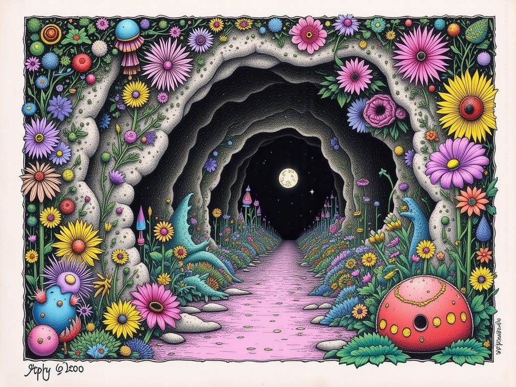 Charcoal drawing of a tunnel with doodles of exotic cave flo...