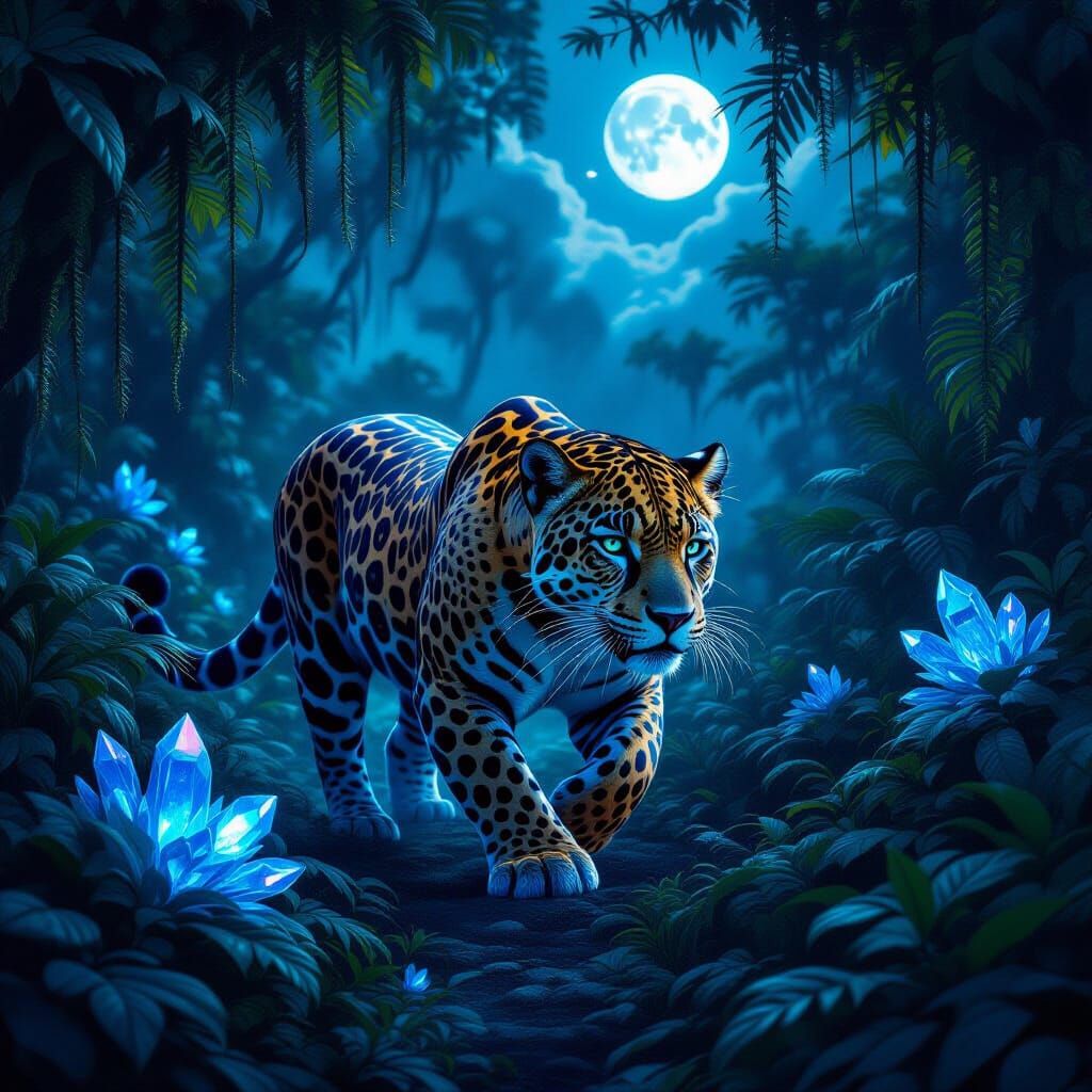 Bioluminescent Jaguar in Alien Jungle Under Twin Moons