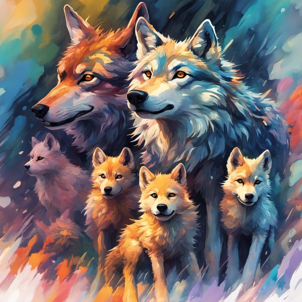 Protective Mother Wolf and Pups in Ghibli Style
