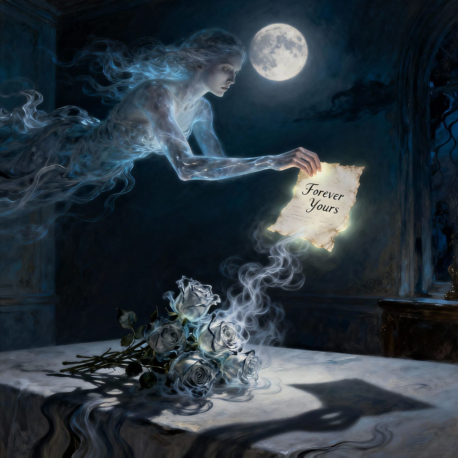 Spectral Figure With Glowing Love Letter in Moonlit Room