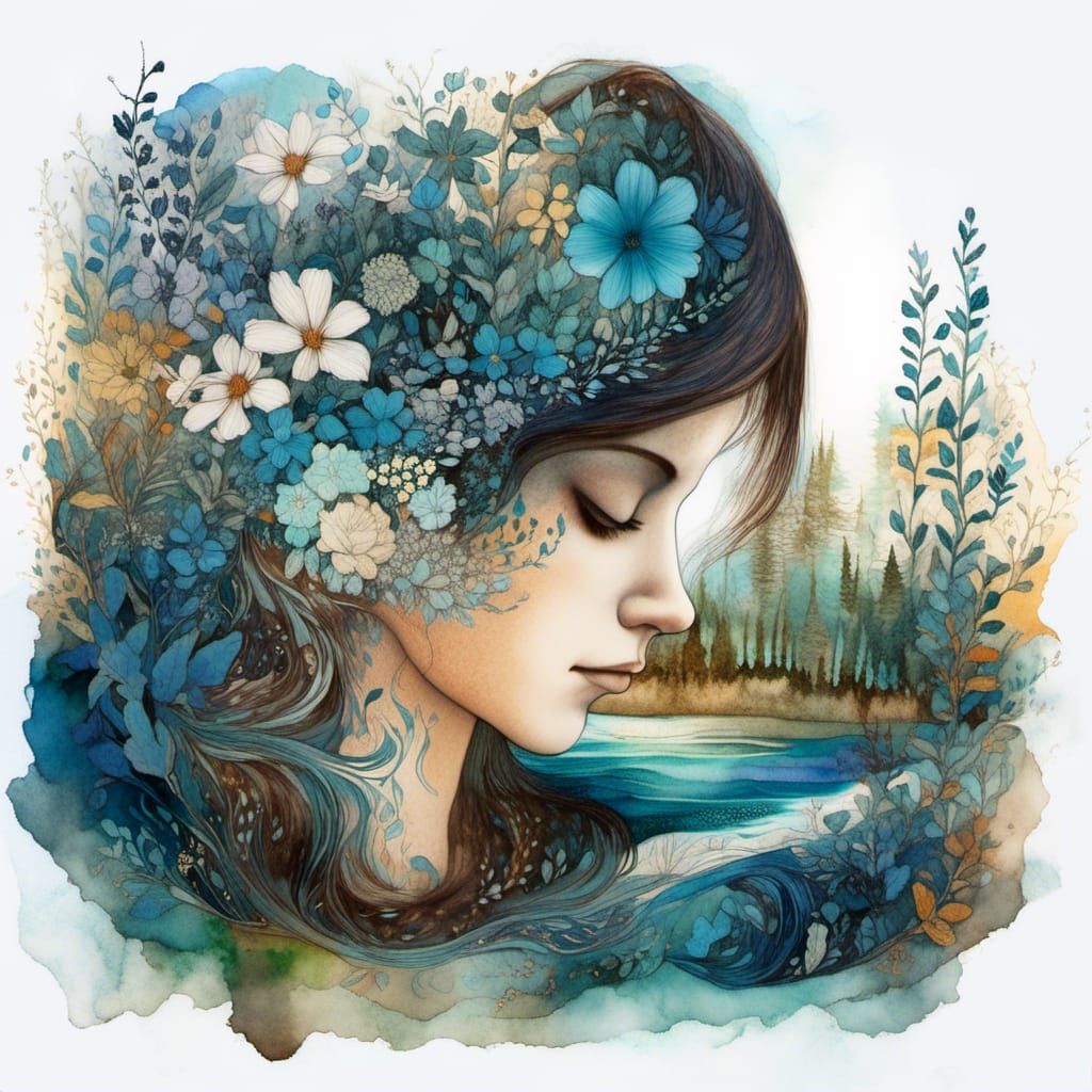 Woman in Paradise: Layered Illustration with Summer Landscap...
