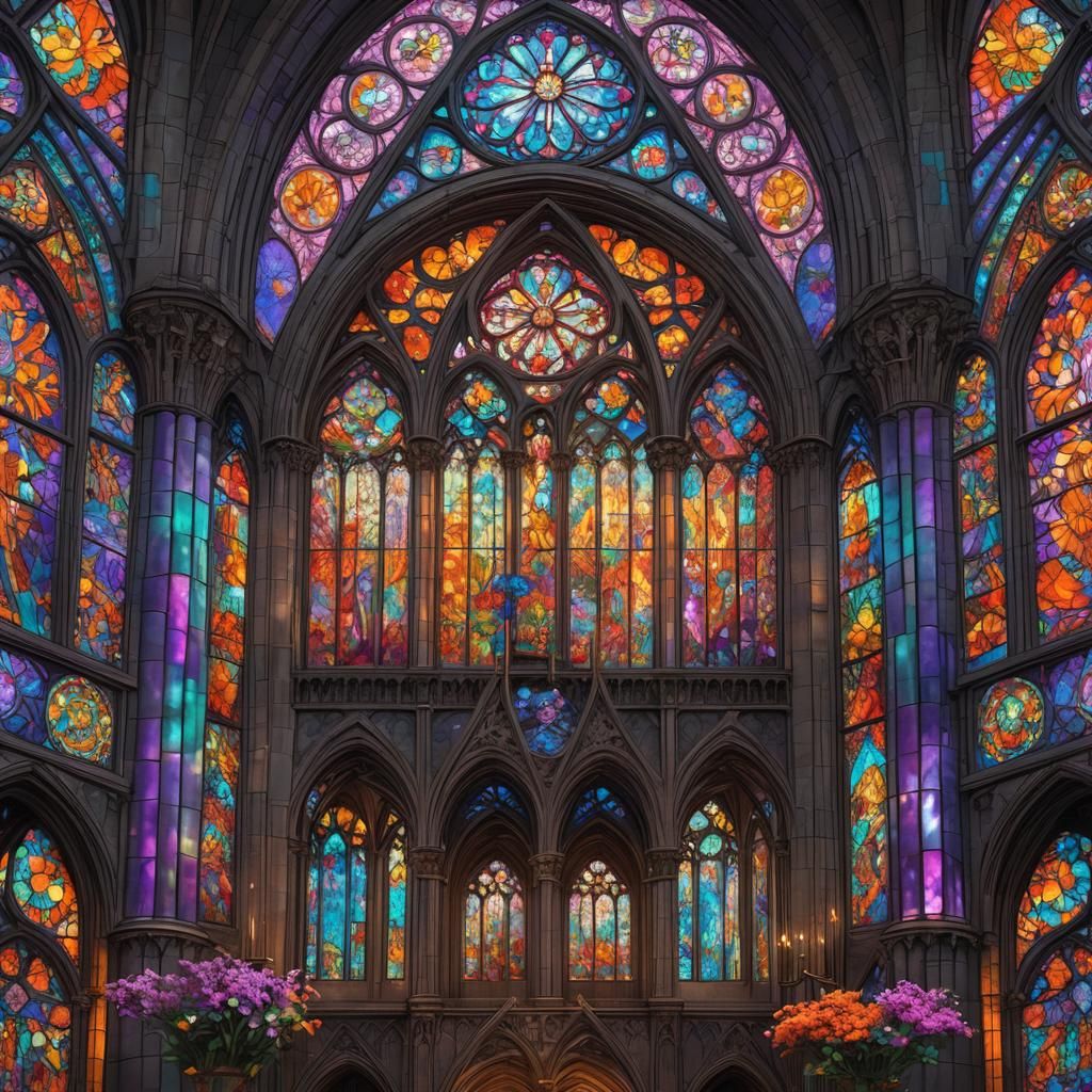 Stained Glass Cathedral with Purple Flowers
