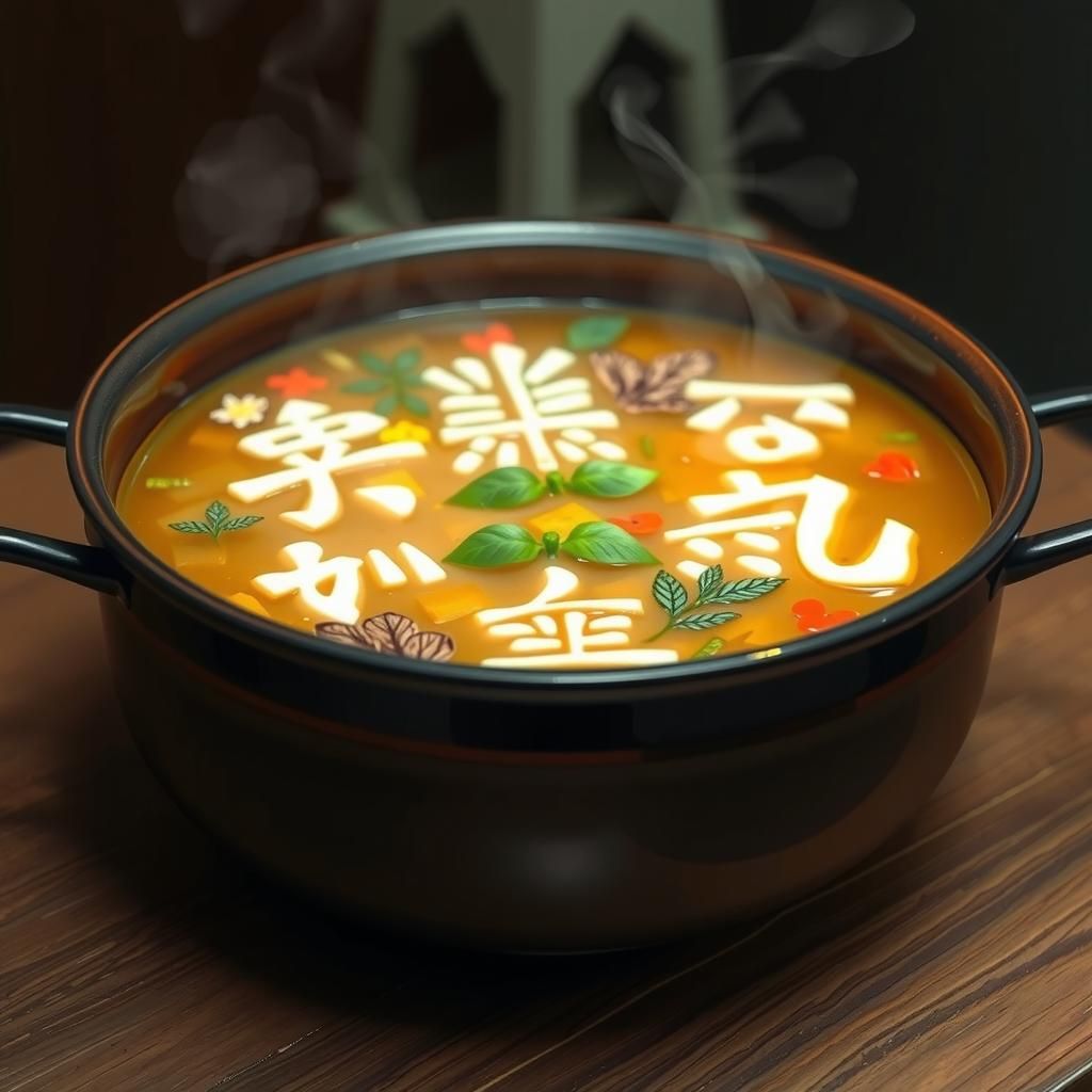 a large pot of soup with several kanji made from food scatte...