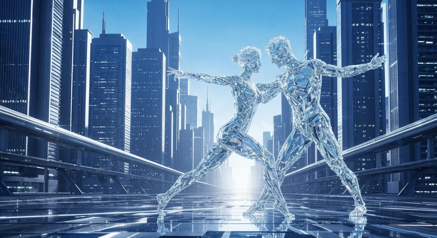 Glass Splinter Dancers in Futuristic Cityscape