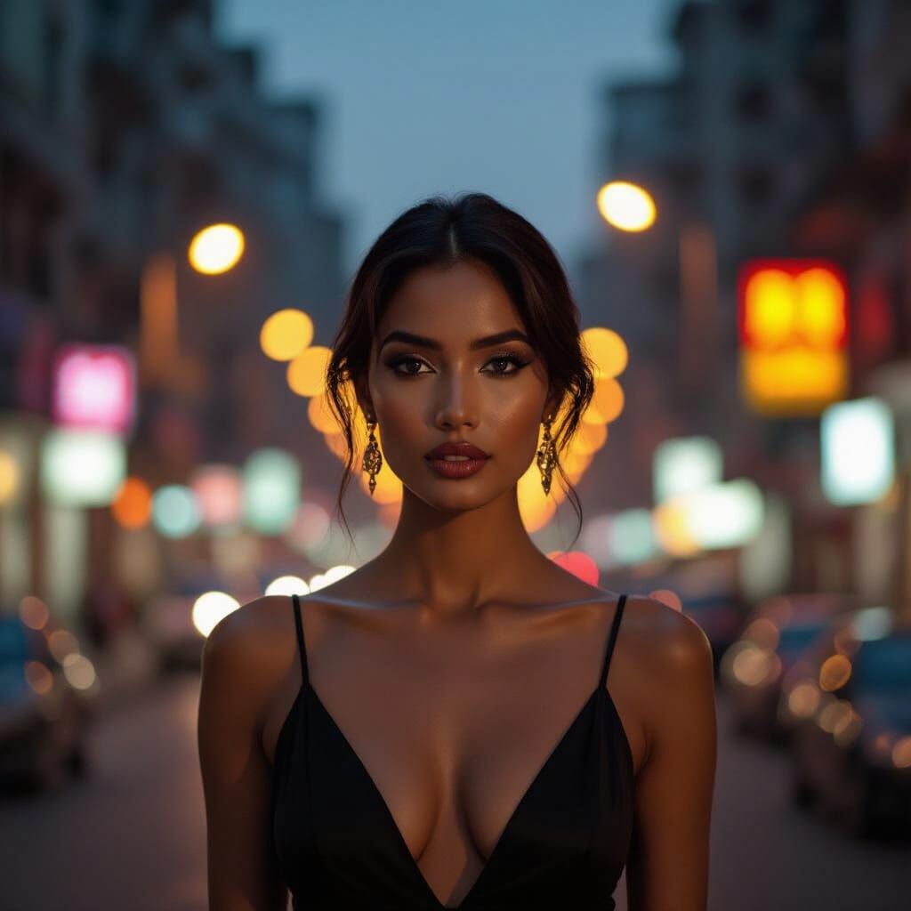 Elegant Ebony Woman in Mumbai Streetlight Glow