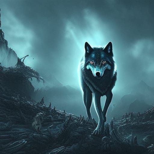 Neon Wolf and Hellhounds Digital Matte Painting