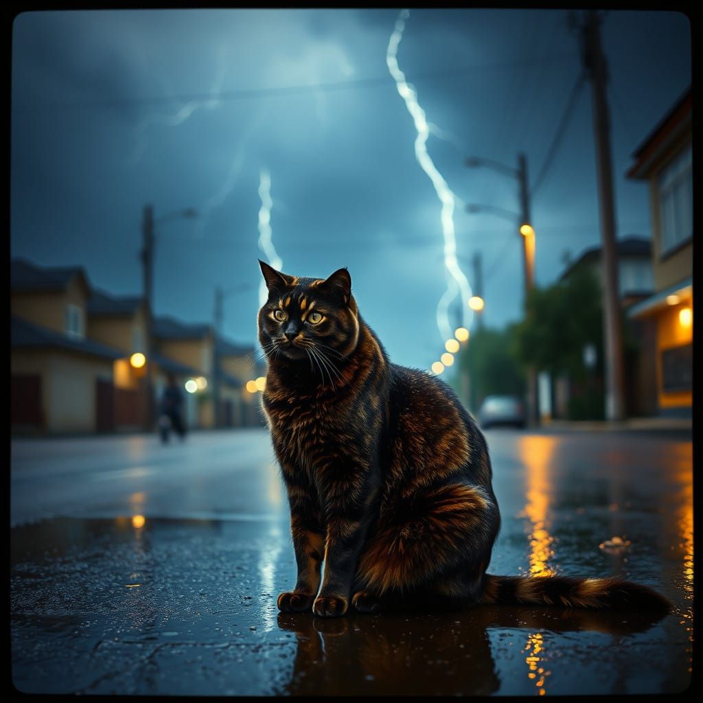 Regal Tortoiseshell Cat Amidst a Stormy Night Sky