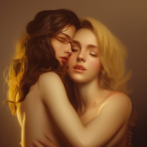 Chiaroscuro: Two Women Embrace in Floral Art Nouveau