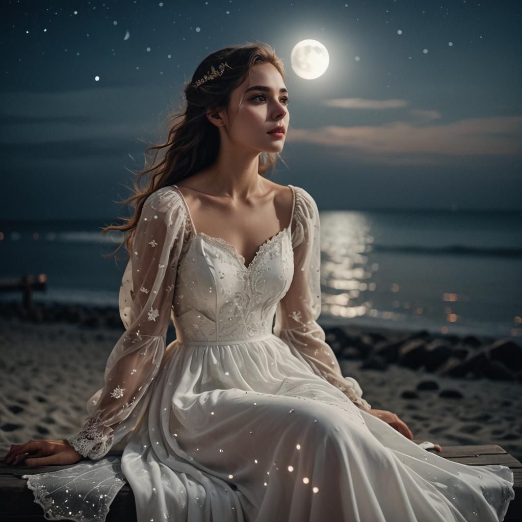 Girl Stargazing on Beach at Night in Dreamy Moonlight