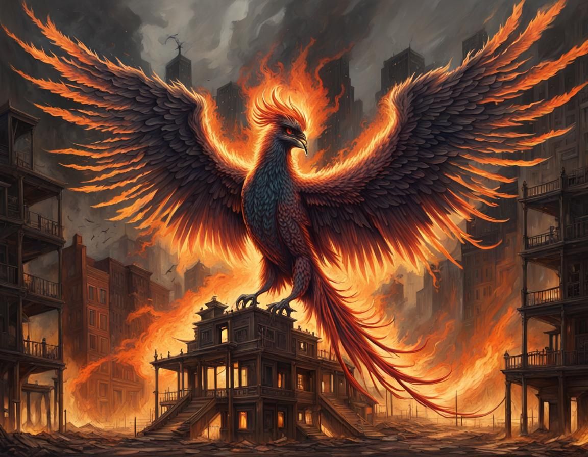 Furious Phoenix Consumes Town in Flames