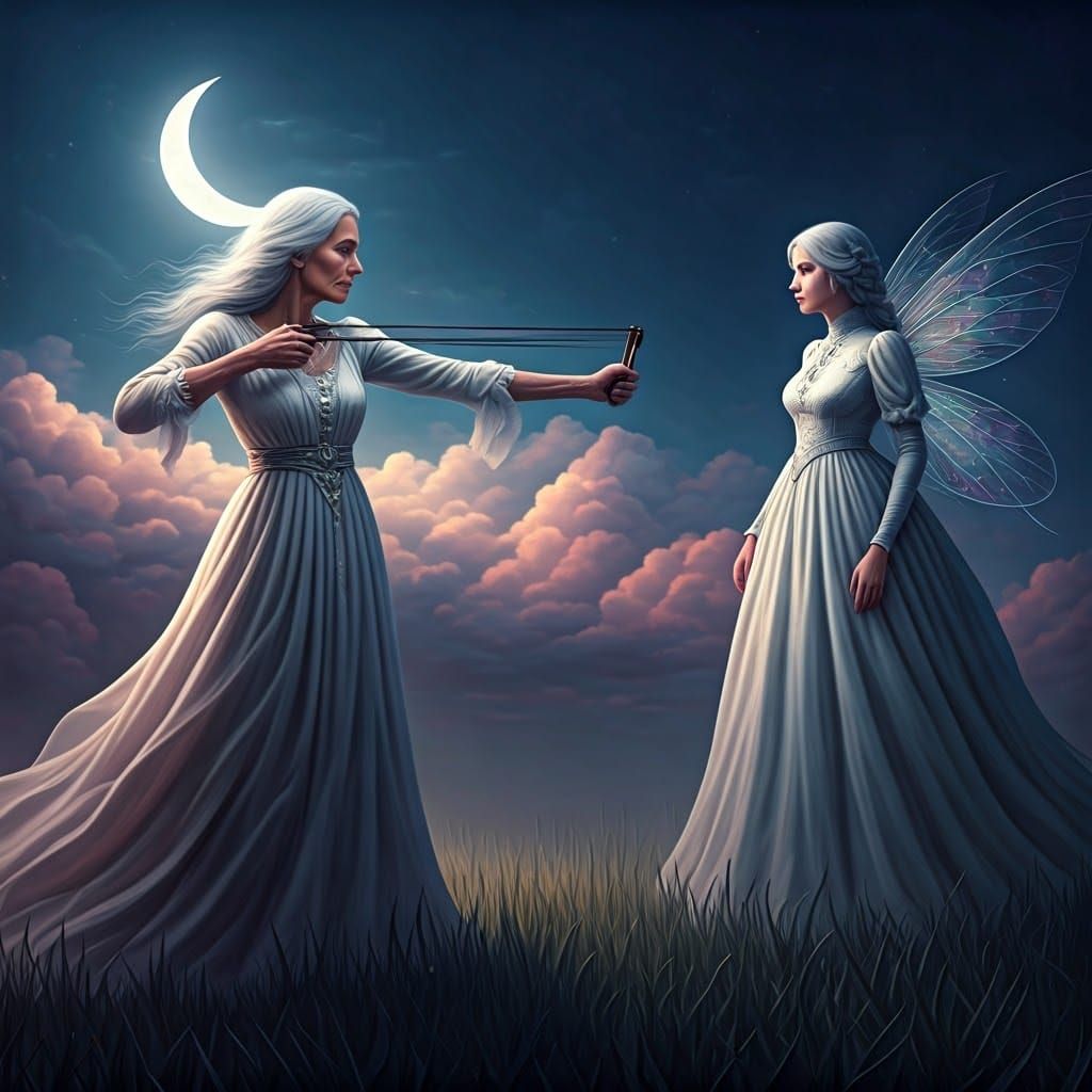 Mature Woman in Flowing White, Aiming at Whimsical Fairy in ...