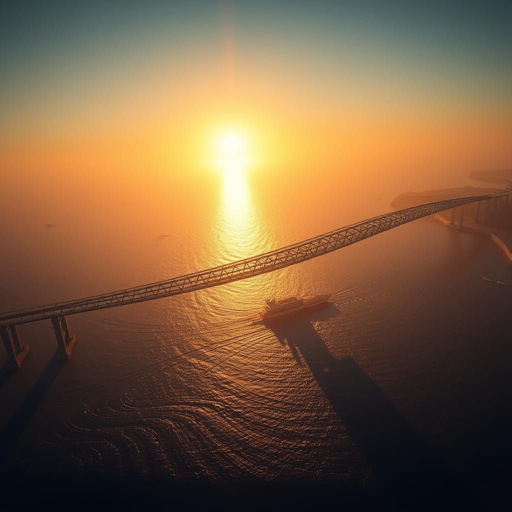 A stunning aerial macro shot of a long, curving bridge, with vibrant colors and a conceptual art feel. The bridge stretc...