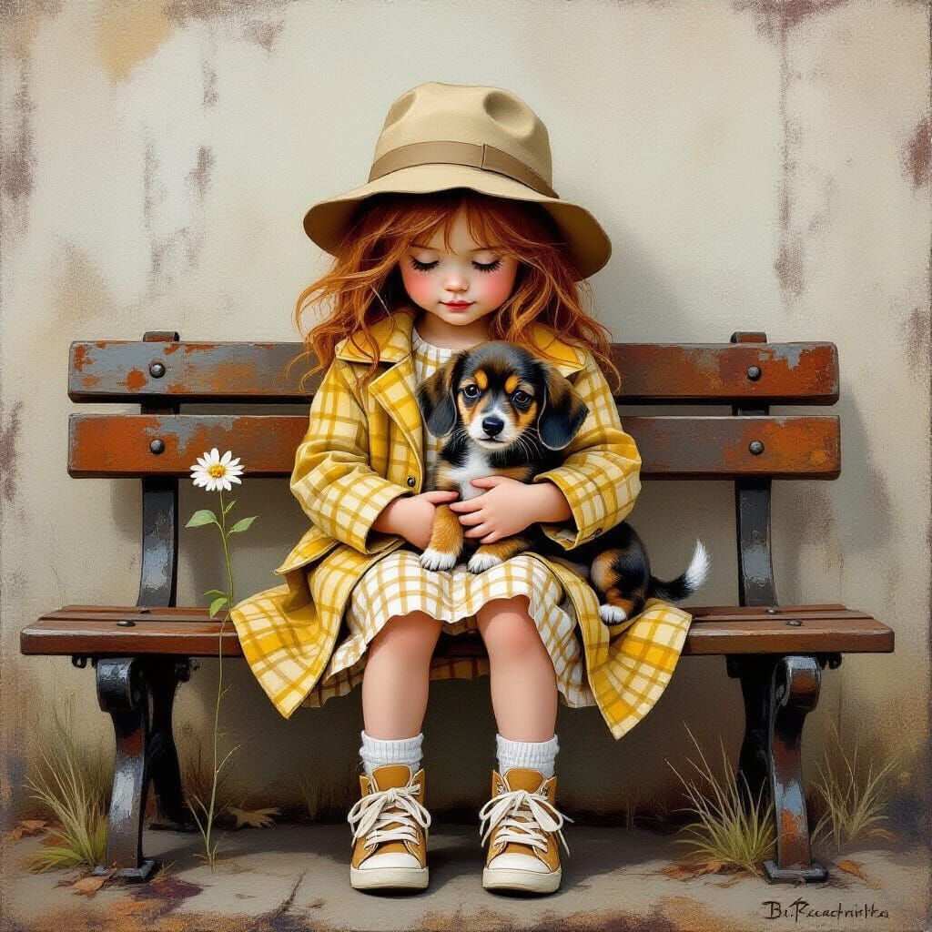 Girl With Dachshund Puppy on Rusty Bench