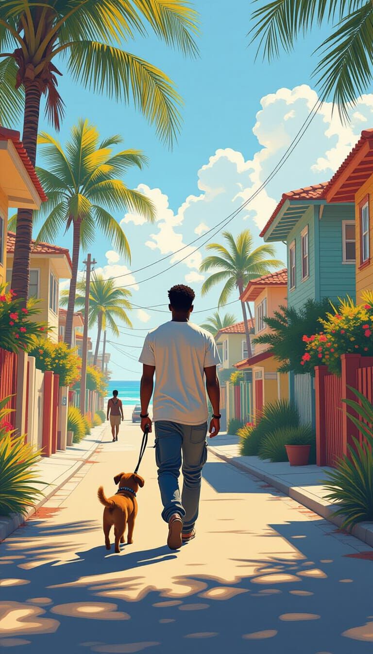 Man and Dog in Beachside Neighborhood, Matte Painting