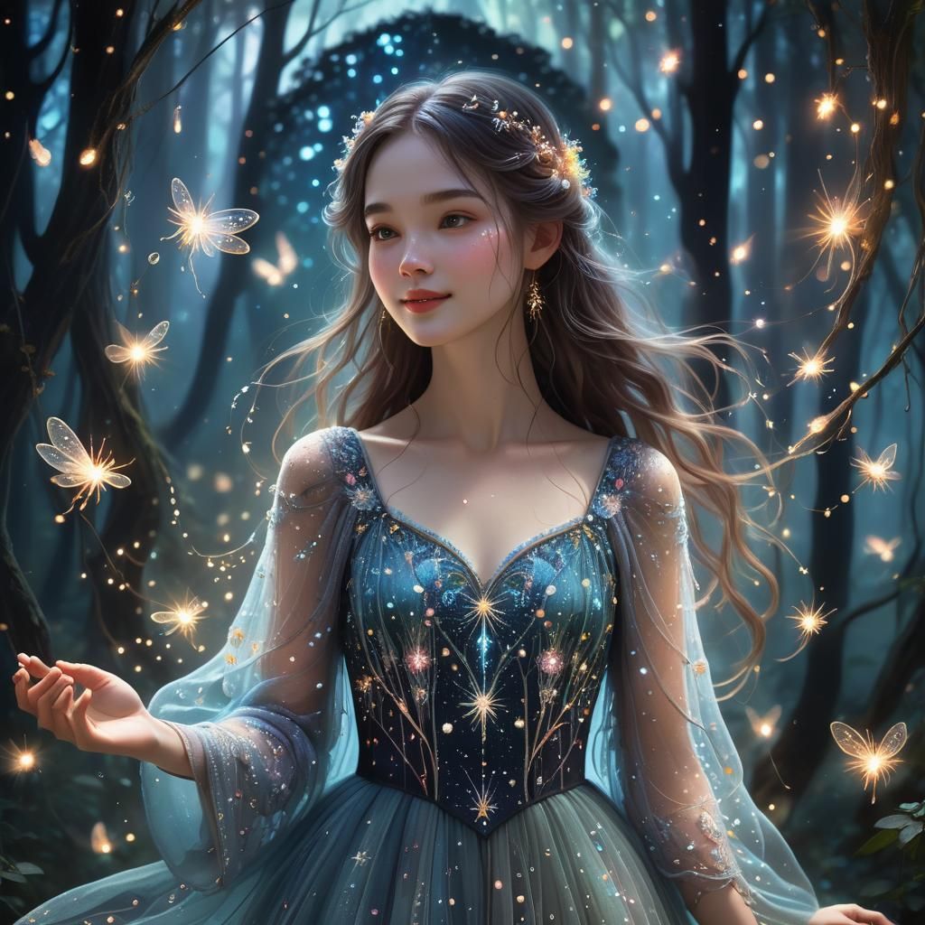 Enchanting Girl Conjuring Magic in Ethereal Forest
