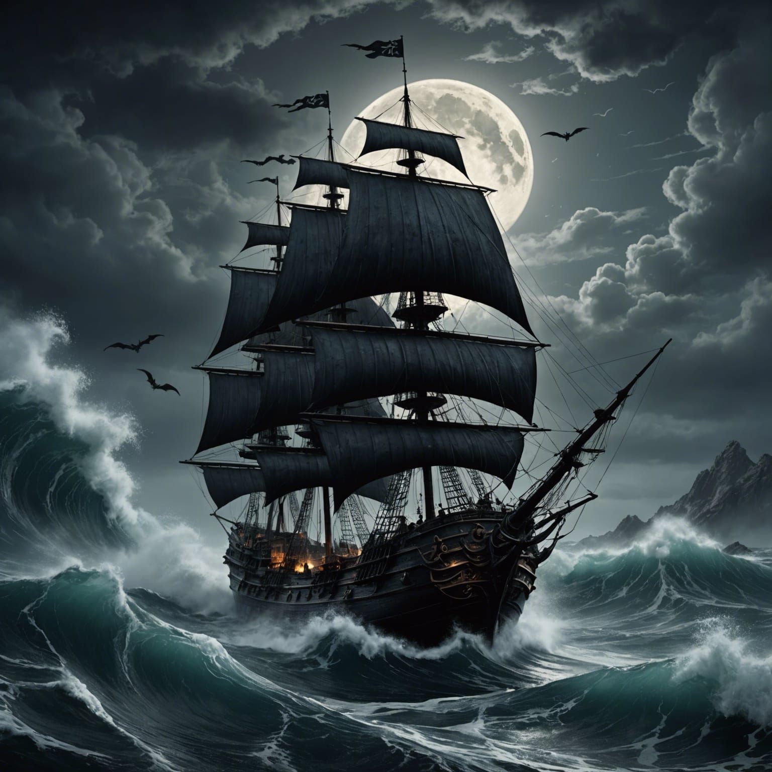 Spooky Galleon in Black Ink Sketch Style