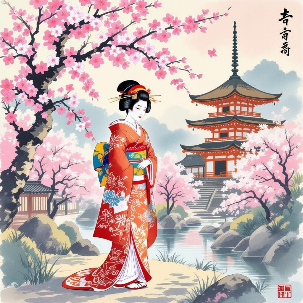Geisha in Kimono at Cherry Blossom Festival