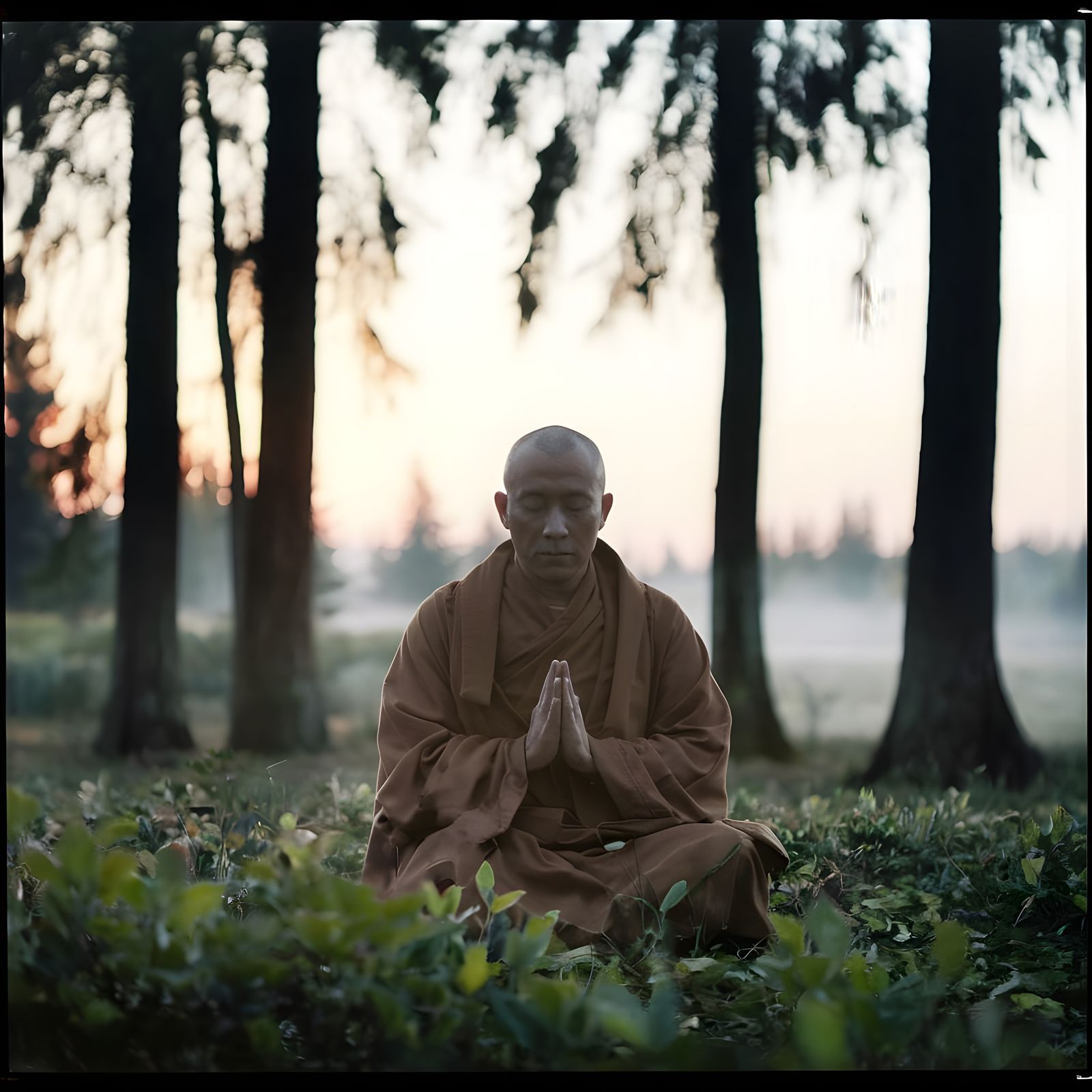Meditating Monk at Sunrise: Cinematic Film Still