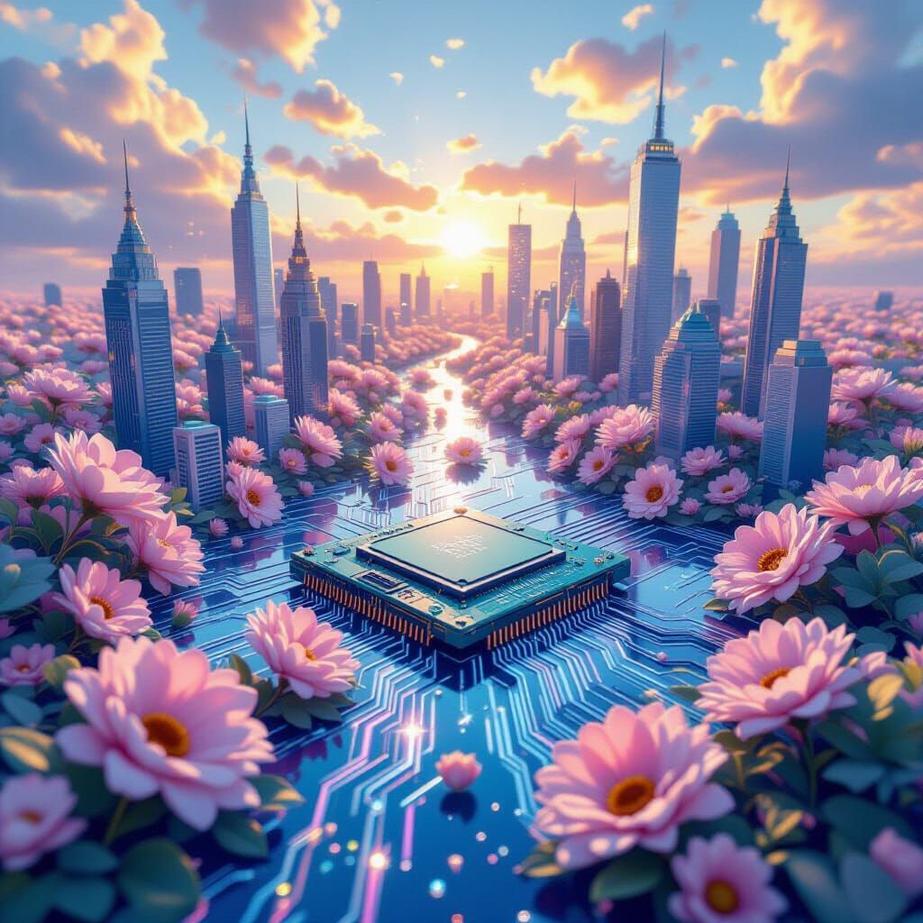 Dreamlike Motherboard City with Pastel Tapestry