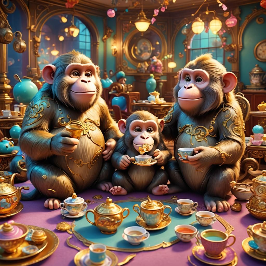 Monkeys Tea Party in Pixar-Inspired 3D Style