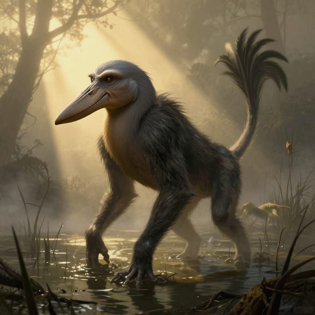 Surreal Baboon-Shoebill Hybrid in Eerie Swamp