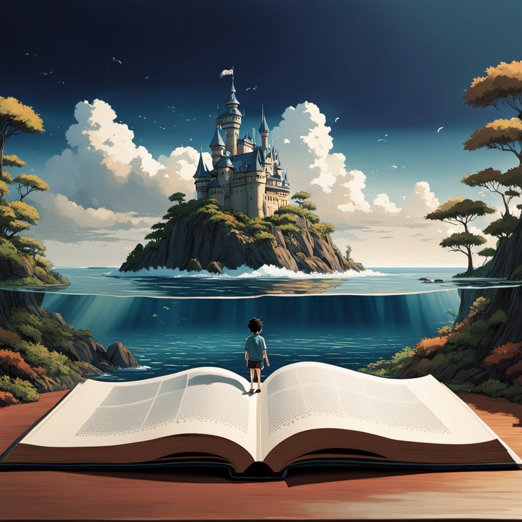 Young Boy Standing in Enchanted Castle Amidst Serene Forest