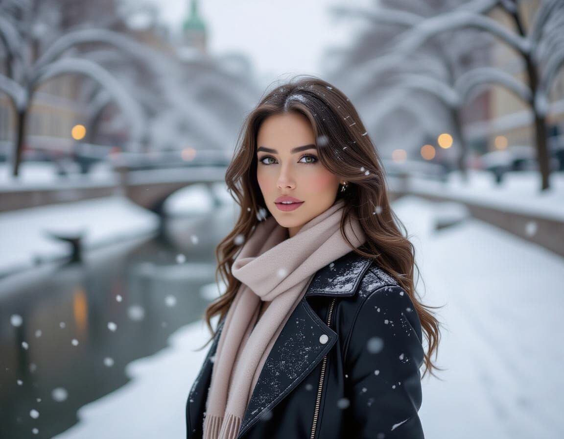 Woman in Snowy Park Alley, Hyperrealistic Concept Art