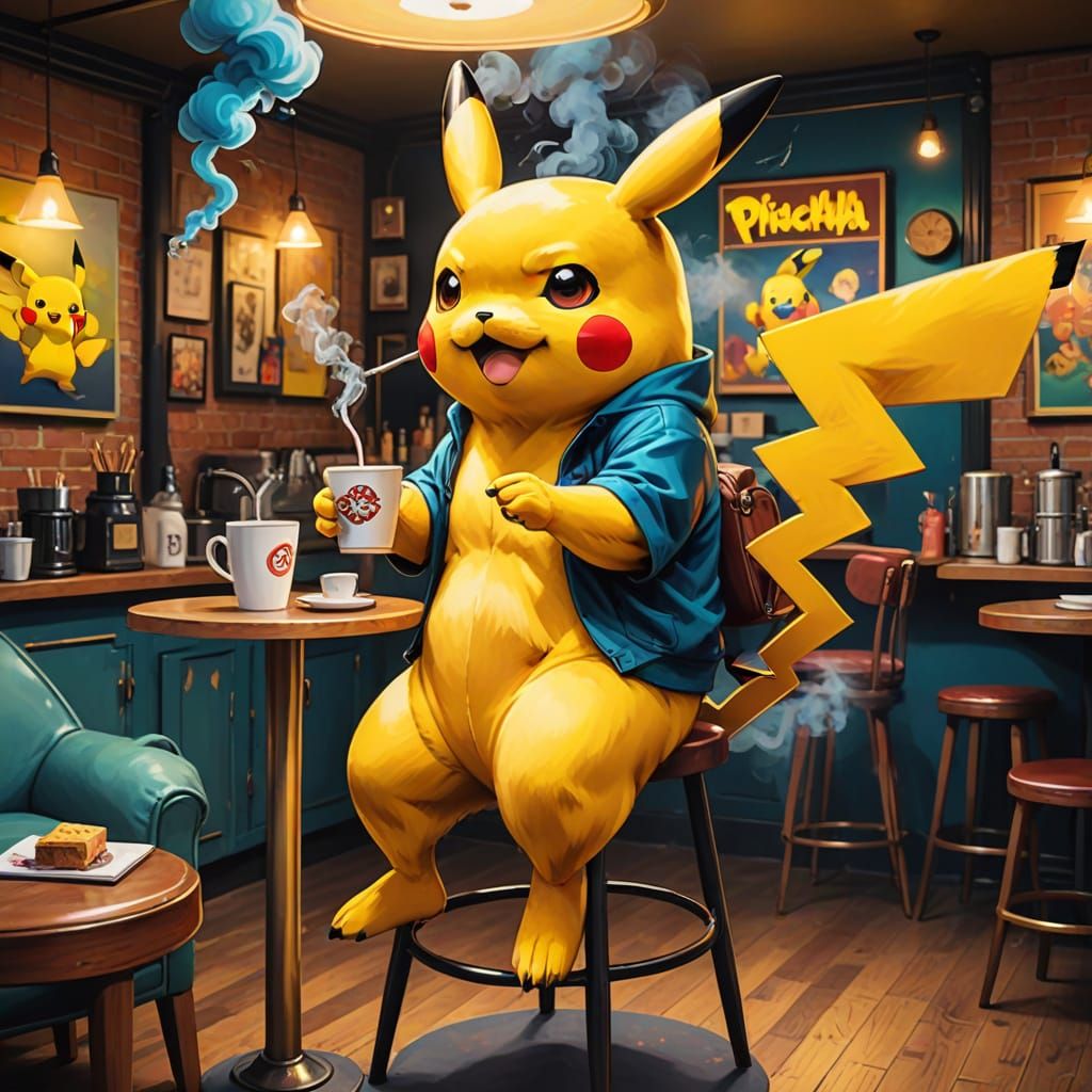 Pikachu in Retro Pop Art Coffee Shop Scene