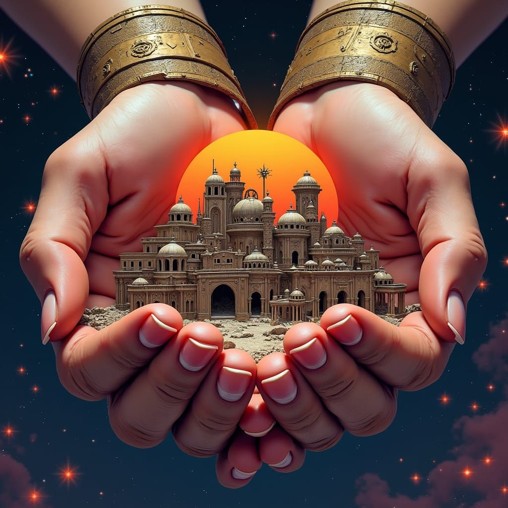 Ornate Hands Cradling Mos Eisley Miniature