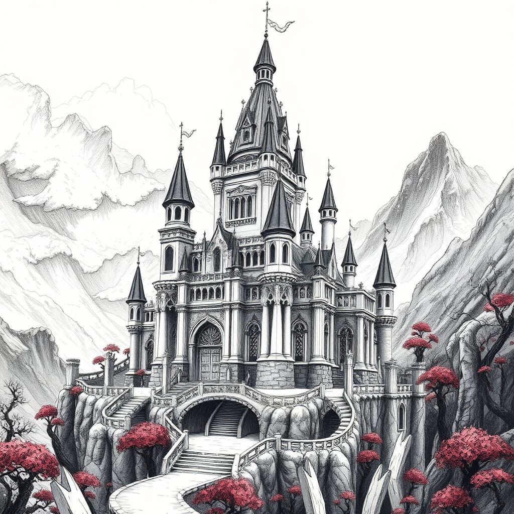 Majestic Castle in Black and White Ink Drawing Style