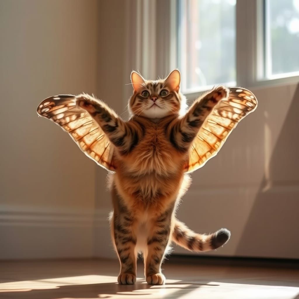 Tabby Cat with Butterfly Wings in Sunlight