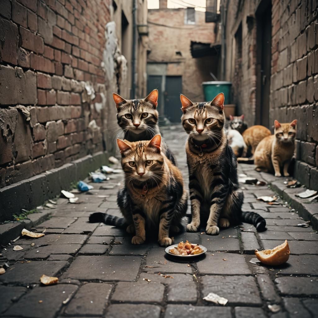 Creepy Cats Feast in Abandoned Alleyway