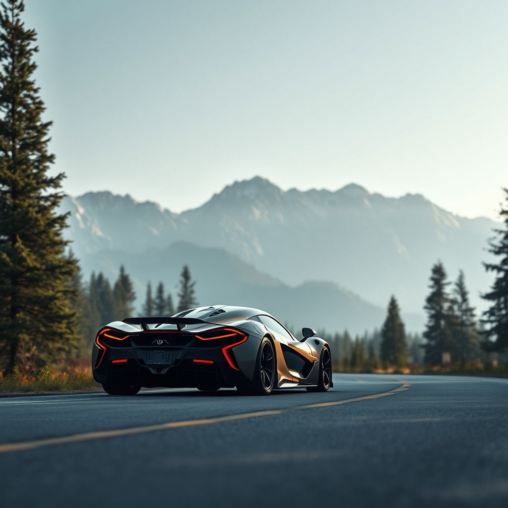 Hypercar on Forest Road with Mountain Backdrop