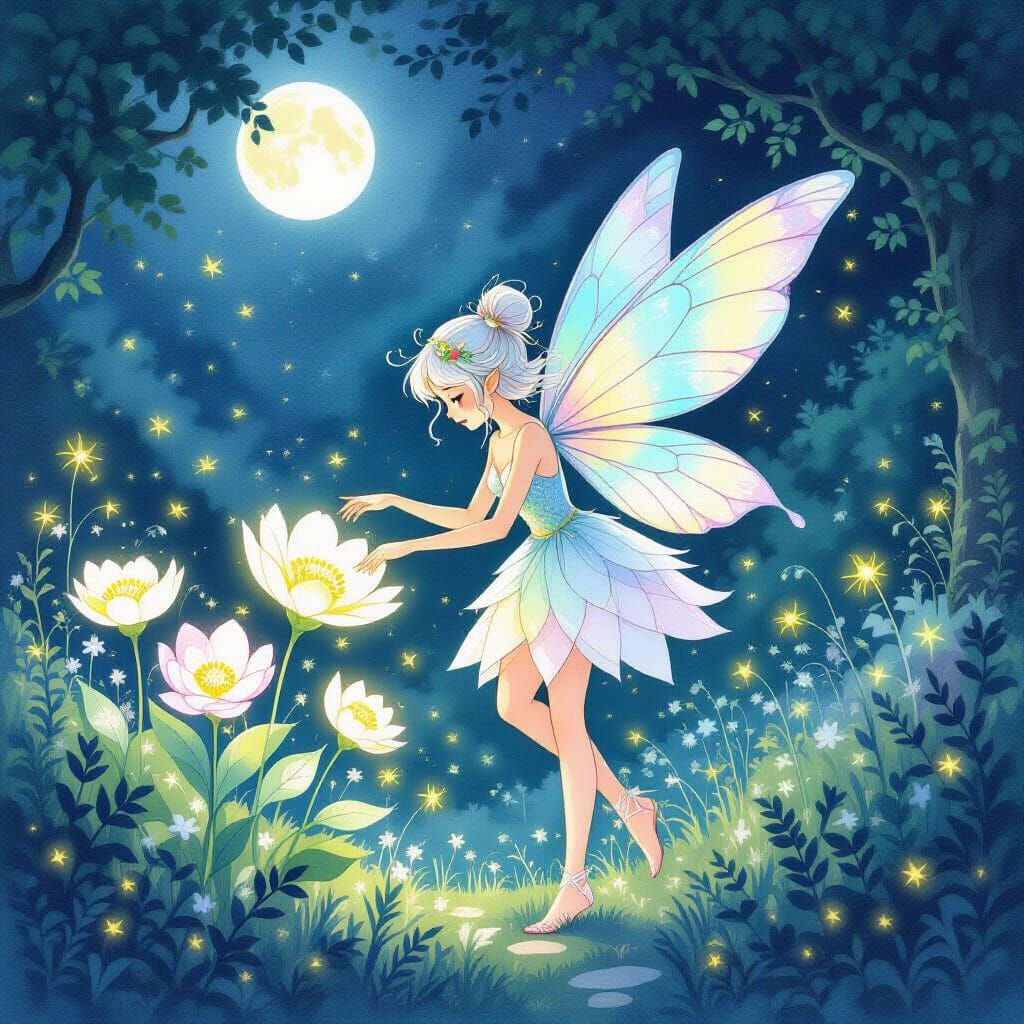 Bioluminescent Garden Fairy, Watercolor Ghibli Style