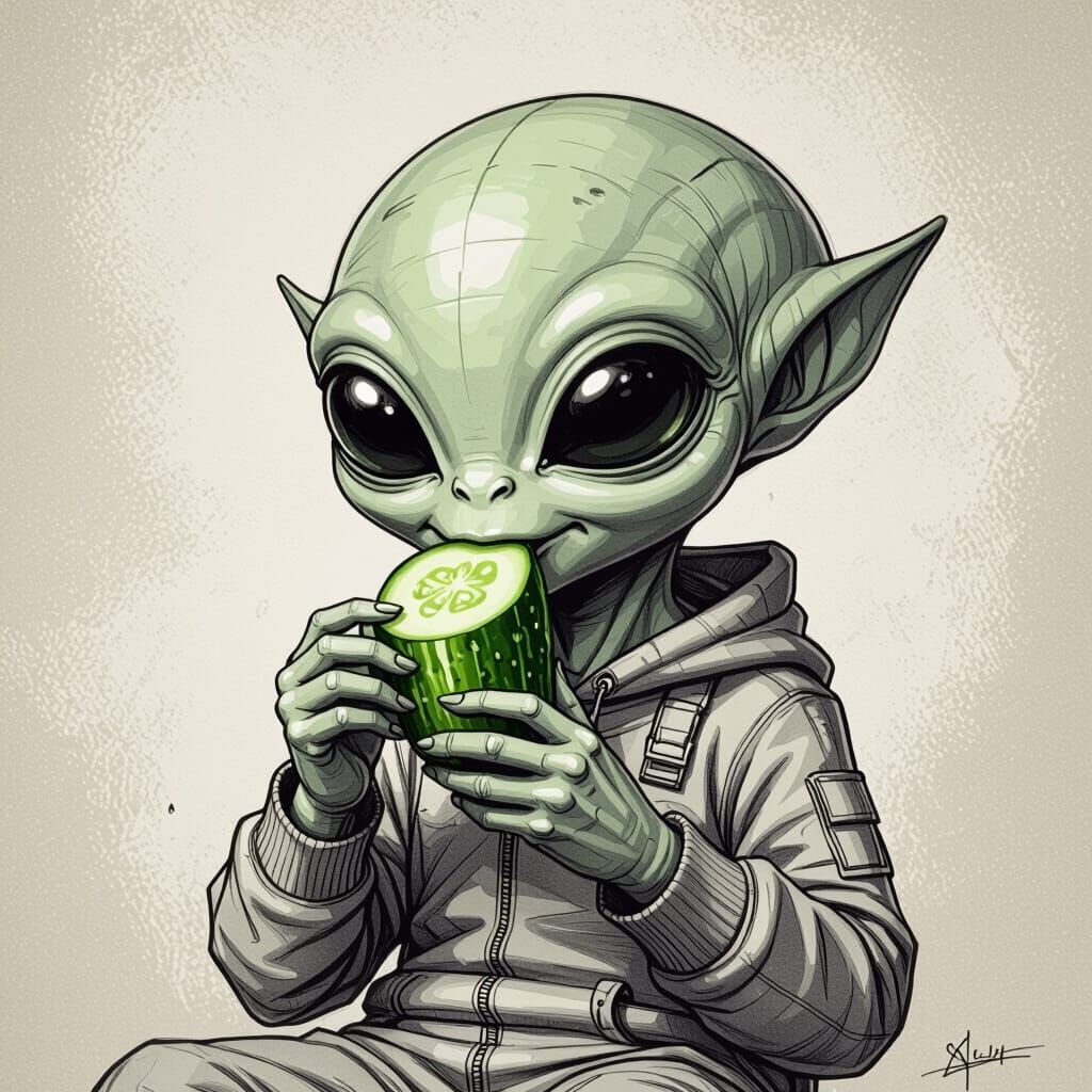 Alien Eating Cucumber in Charcoal Drawing Style