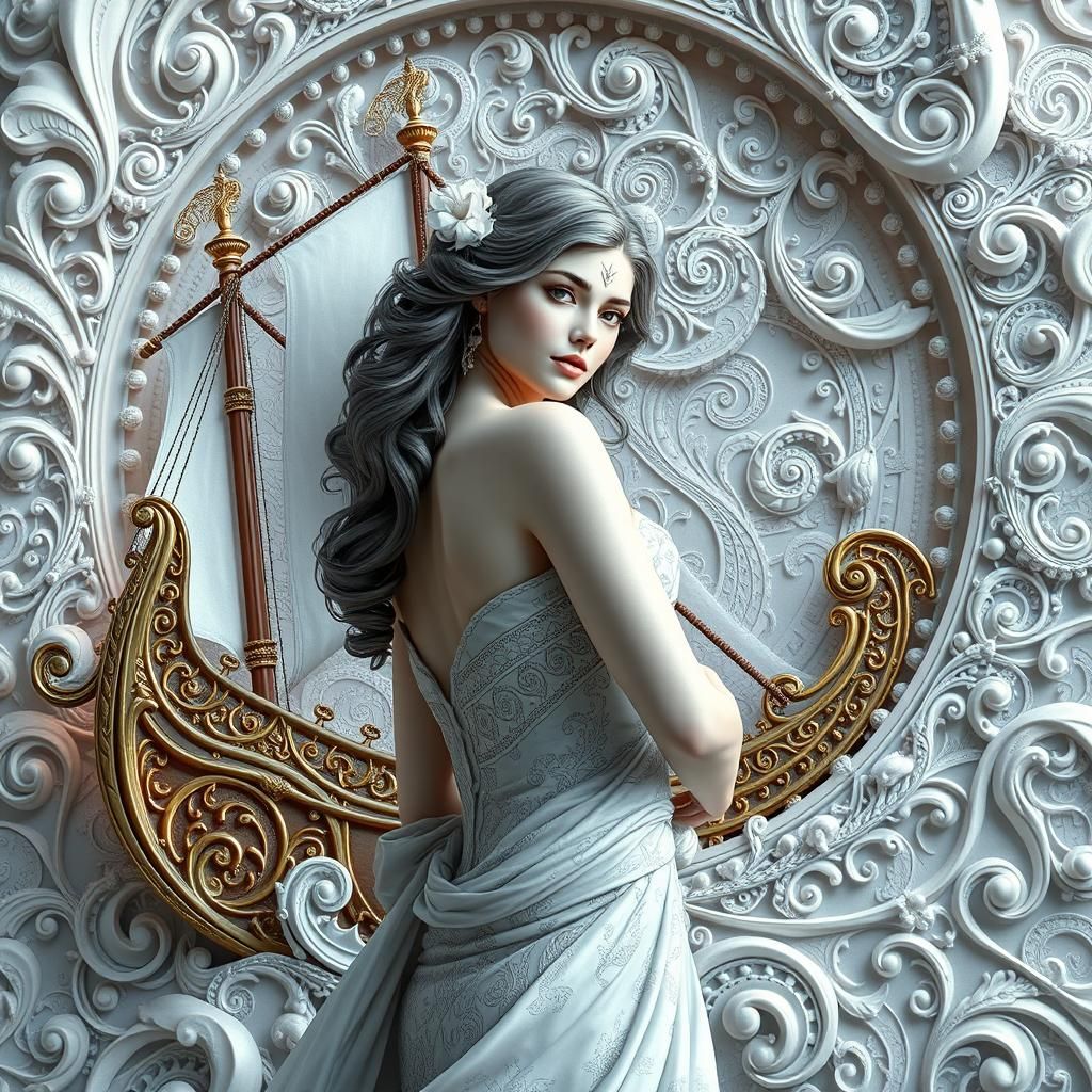 Elegant 3D Lady with Fractal Barque, Dreamscape Concept Art