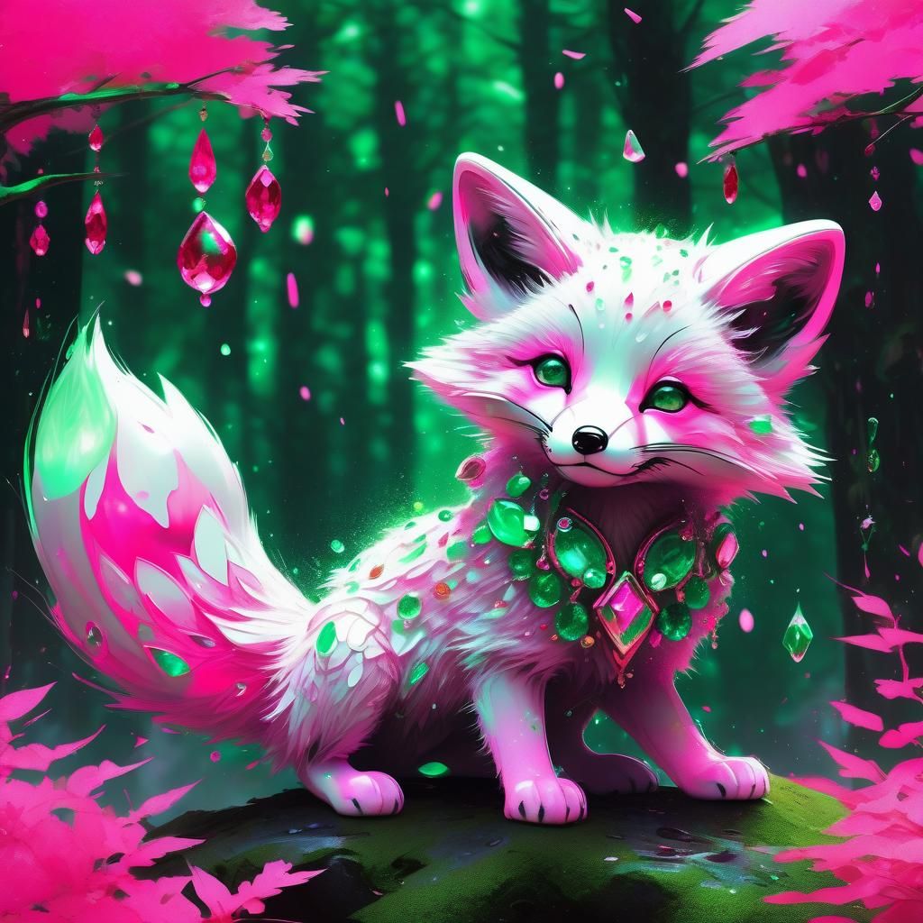 Adorable Neon Fox Cub in Jewel Forest