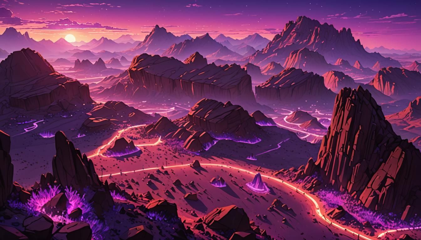 Synthwave Desert Landscape with Purple Mountains