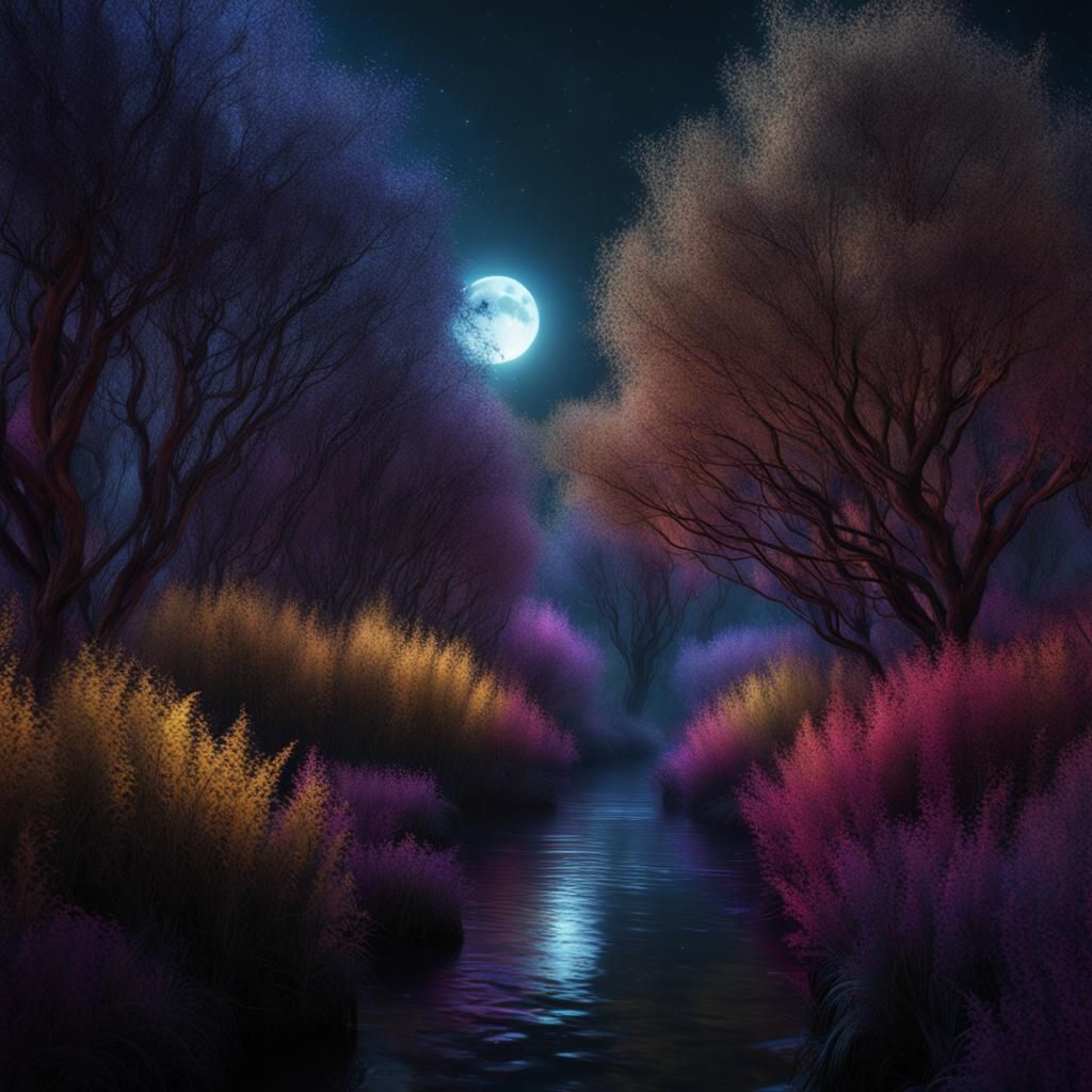 Enchanting Willow Forest Under Dark Rainbow Moonlight