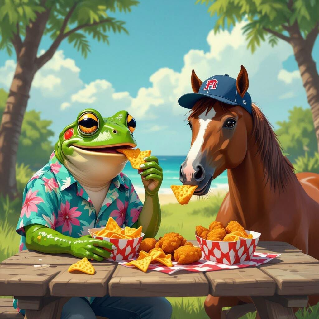 Frog and Horse Share Picnic in Whimsical Style