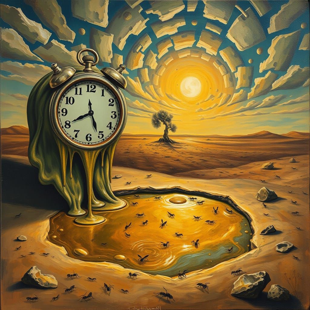 Melting Clocks in Desert: A Surrealist Oil Painting