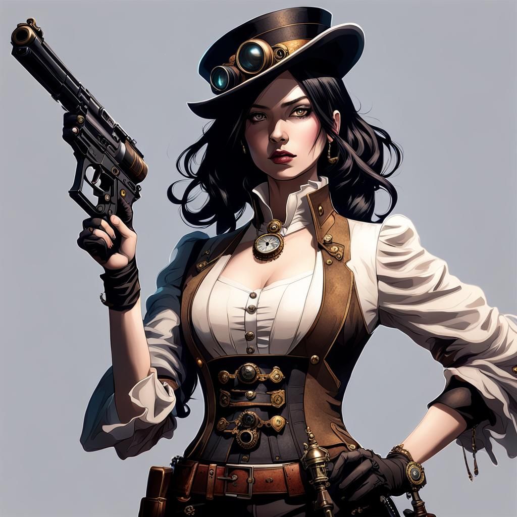 Steampunk Lady with Pistol in Sui Ishida Style