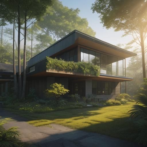 Modern House in Forest, Oil Painting Style