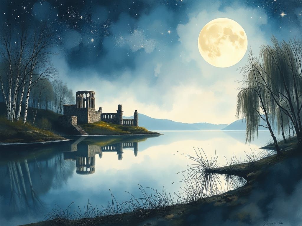 Moonlit Ancient Ruins Reflected in Calm Lake Waters