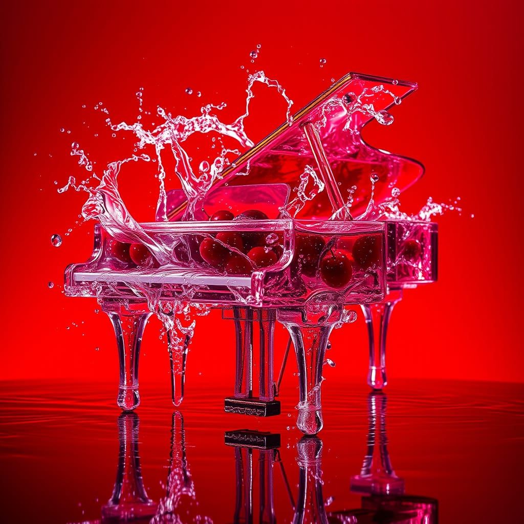 Red Glass Piano with Cherries in Abstract Water