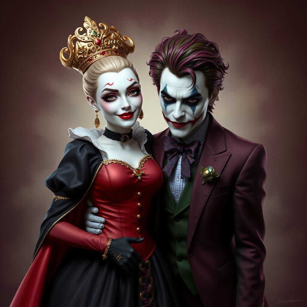 Queen of Hearts and Joker Couple Pose in Airbrush Style